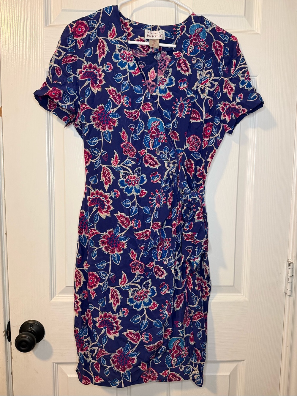 Adrianna‎ Papell Navy Floral Midi Wrap Dress with Pink Accents